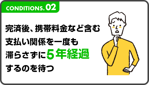 完済後、携帯料金など含む支払い関係を一度も滞らさずに5年経過するのを待つ